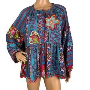 Antica Sartoria Peasant Blouse Multi-Color One Size Bohemian Indie Elevated Boho